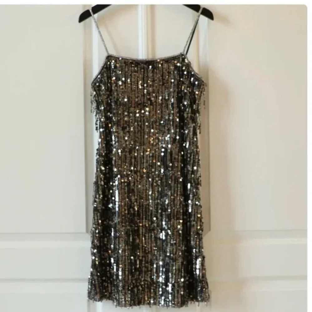 NWT Alice & Olivia Chicago Sequin Flapper Mini Dress in gunmetal silver - Picture 4 of 17
